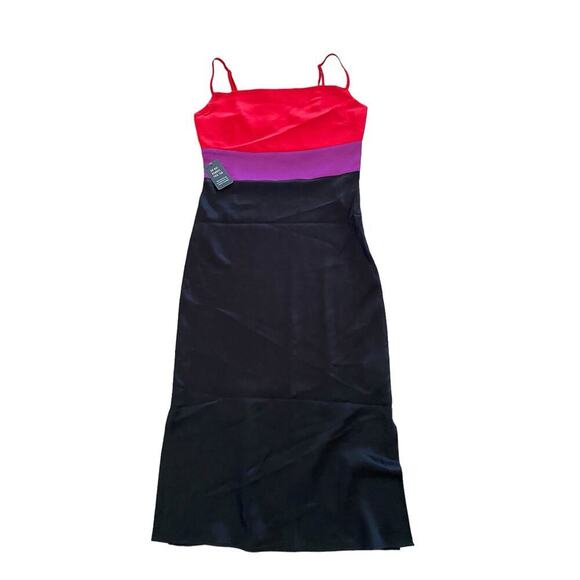 EXPRESS Satin Color Block Black Purple Tier Cowl Neck Y2k Midi Slip Dress - Picture 3 of 7